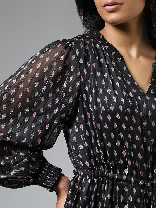 LOV Black Printed Tie-Up Tiered Dress