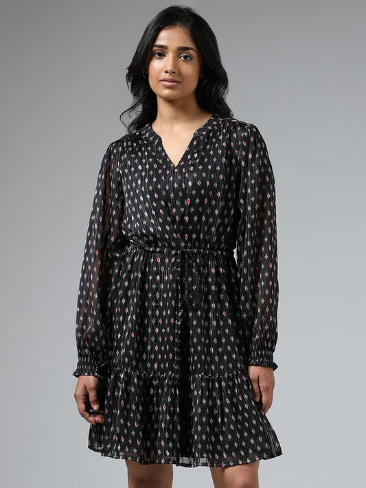LOV Black Printed Tie-Up Tiered Dress