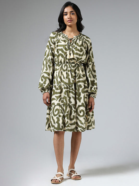 LOV Olive Green Abstract Printed Tiered Dress
