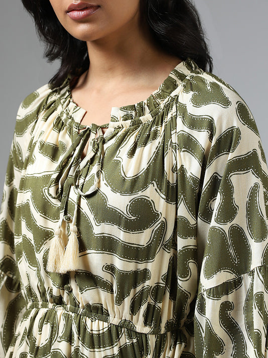 LOV Olive Green Abstract Printed Tiered Dress