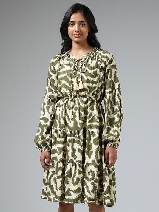 LOV Olive Green Abstract Printed Tiered Dress