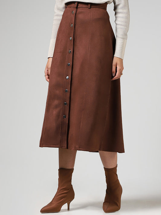 LOV Brown Buttoned Down Suede Midi Skirt