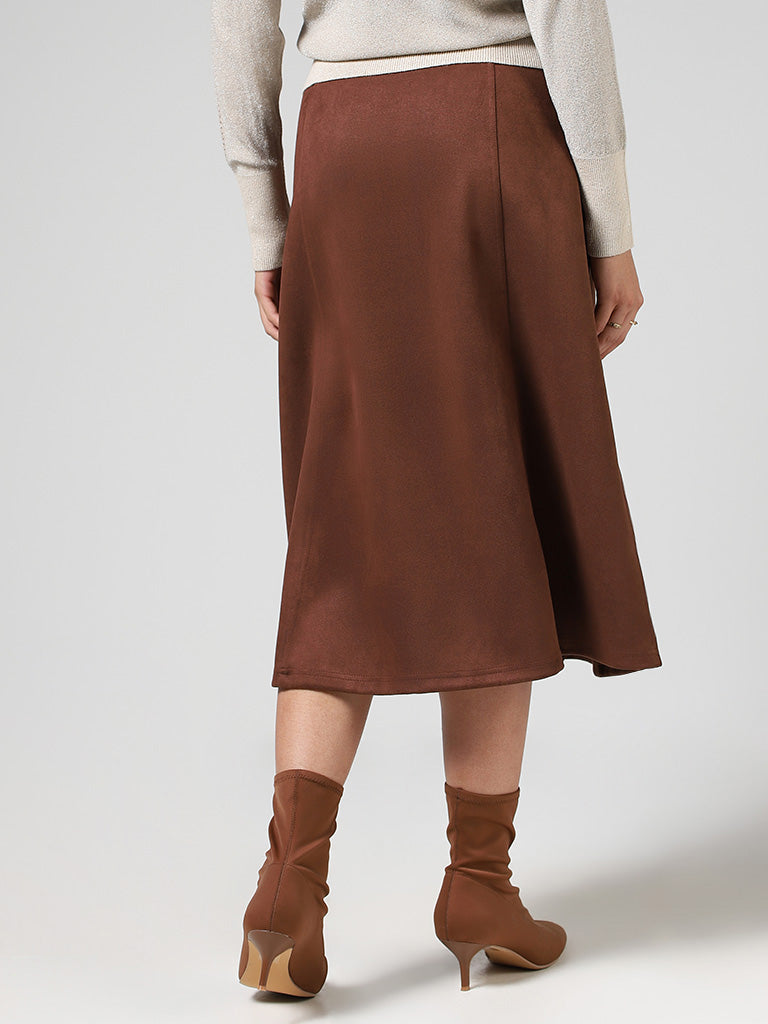 LOV Brown Buttoned Down Suede Midi Skirt