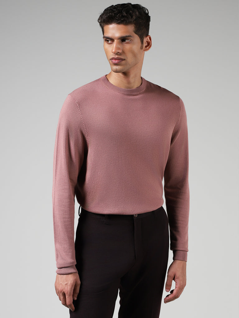 WES Formals Solid Pink Slim Fit Sweater