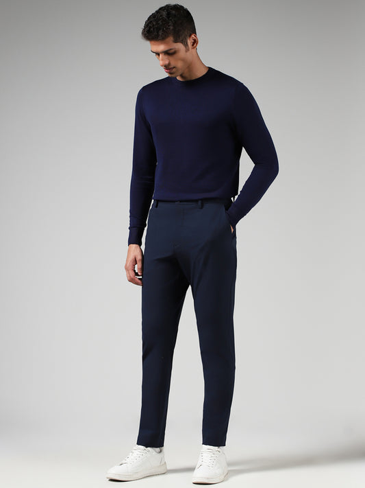 WES Formals Solid Indigo Slim-Fit Sweater