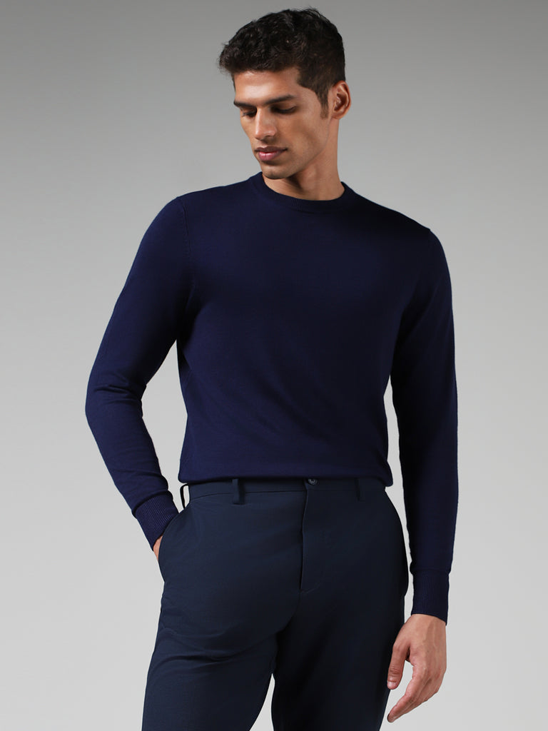 WES Formals Solid Indigo Slim Fit Sweater