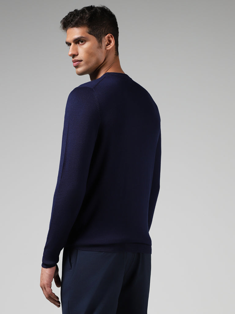 WES Formals Solid Indigo Slim Fit Sweater