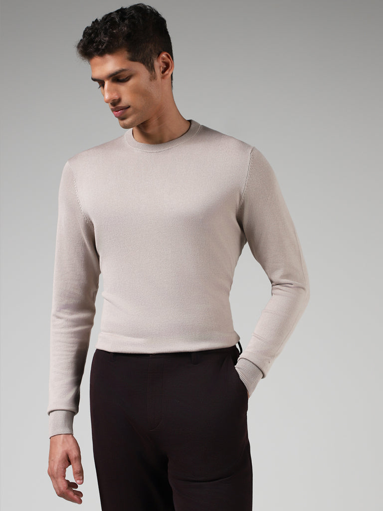 WES Formals Solid Beige Slim Fit Sweater