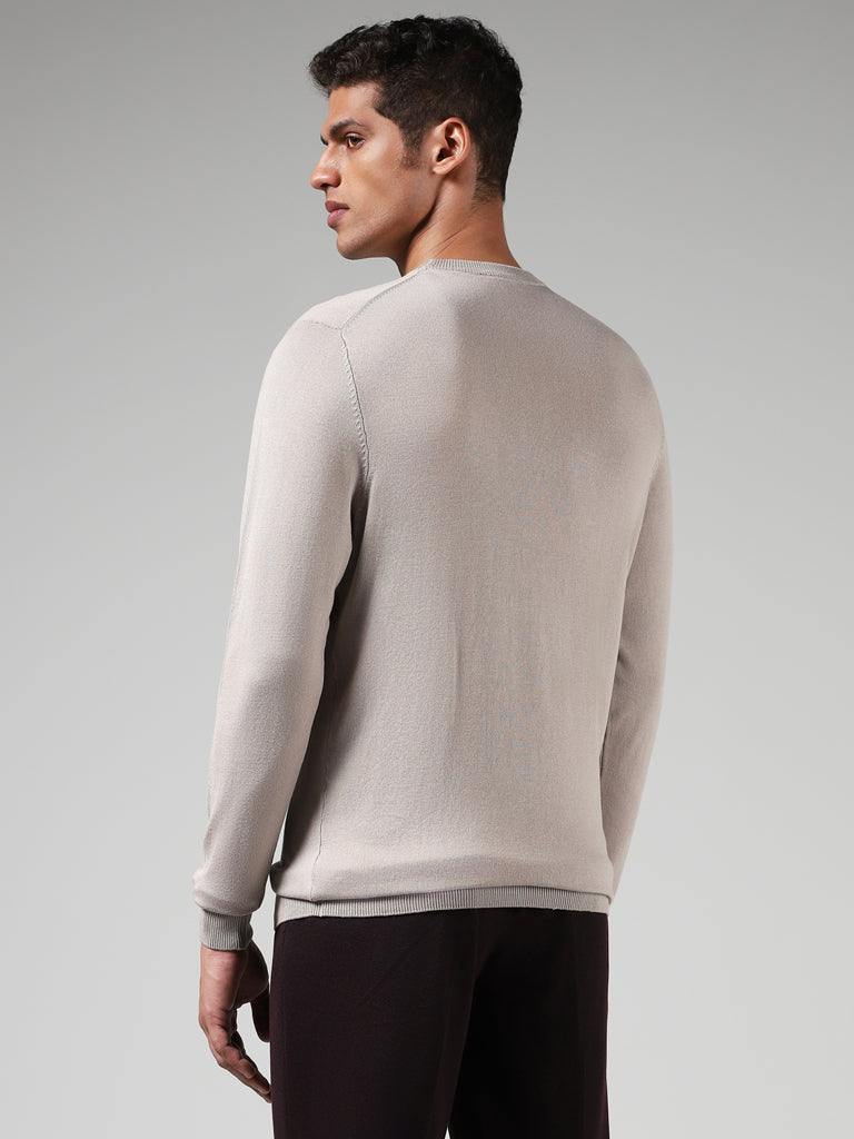 WES Formals Solid Beige Slim Fit Sweater