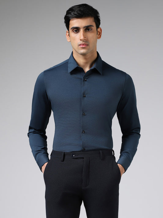 WES Formals Solid Dark Blue Slim Fit Shirt