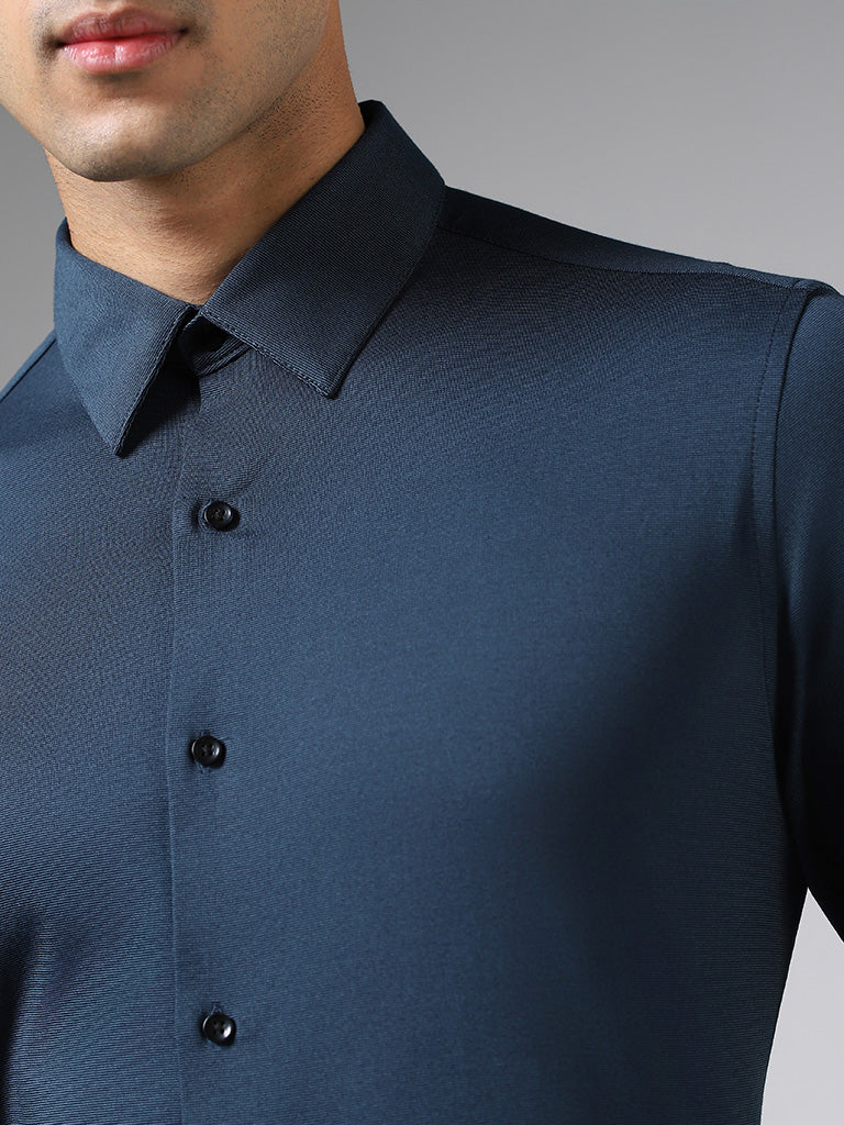 WES Formals Solid Dark Blue Slim-Fit Shirt