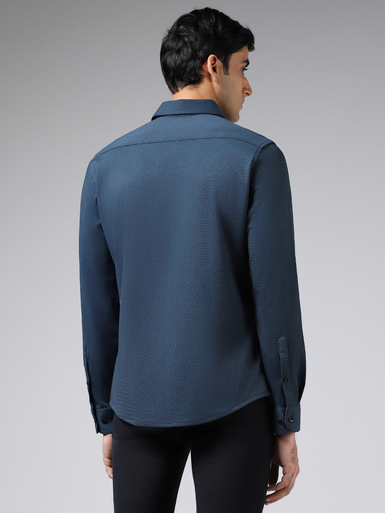 WES Formals Solid Dark Blue Slim-Fit Shirt