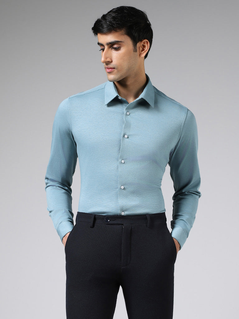 WES Formals Solid Light Blue Slim Fit Shirt