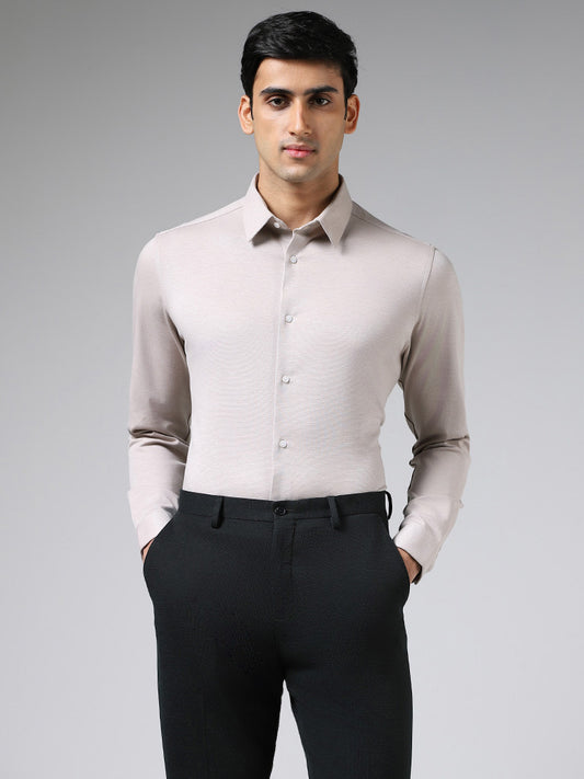 WES Formals Solid Cream Slim Fit Shirt
