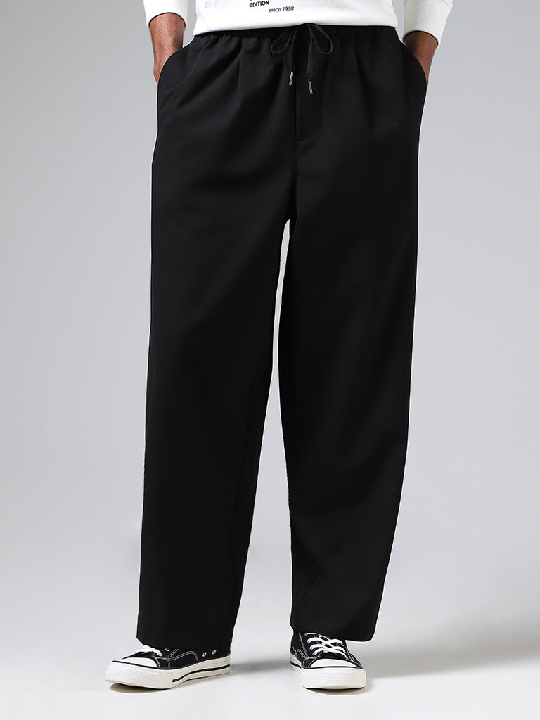 Nuon Solid Black Relaxed Fit Wide Leg Trousers