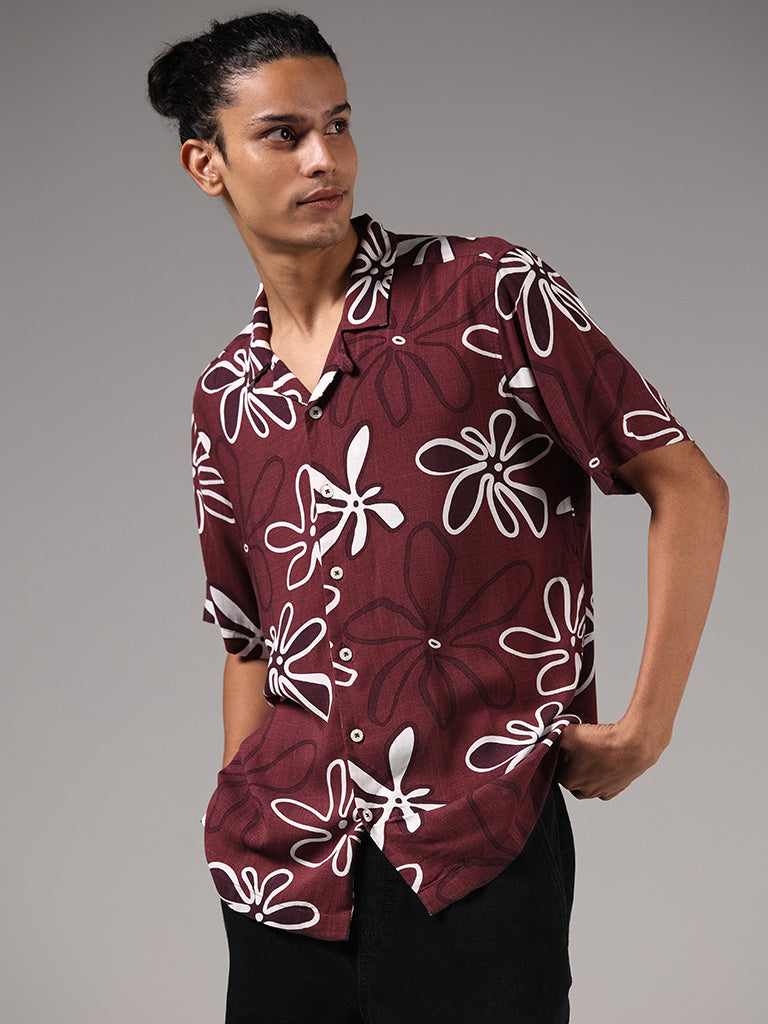 Nuon Wine Floral Printed Resort Fit Shirt