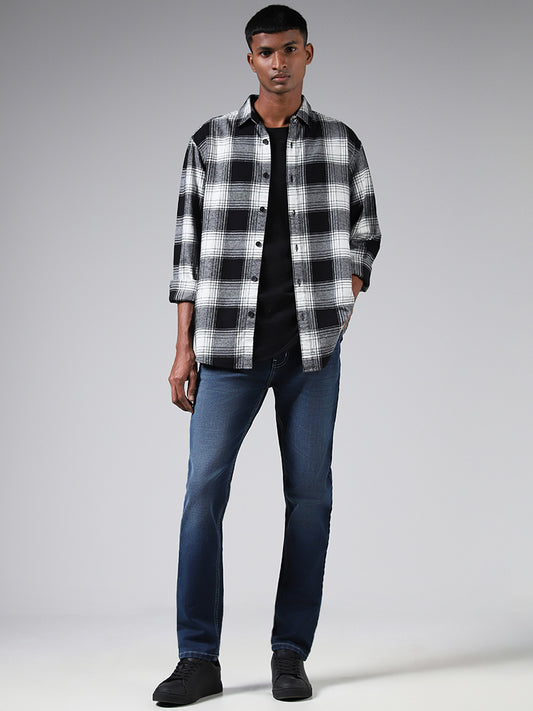 Nuon Black & White Monochromatic Checked Cotton Relaxed Fit Shirt