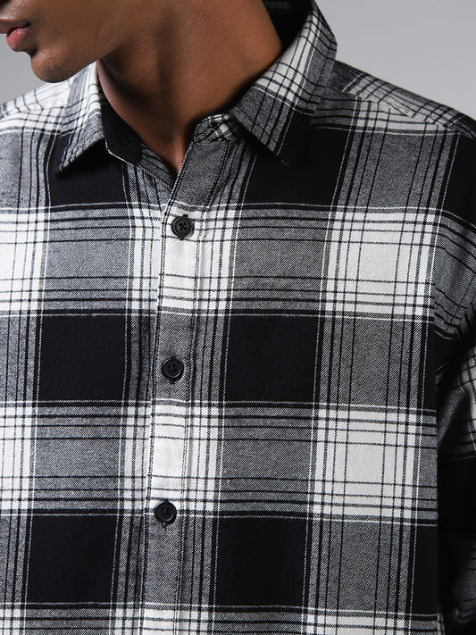 Nuon Black & White Monochromatic Checked Cotton Relaxed Fit Shirt