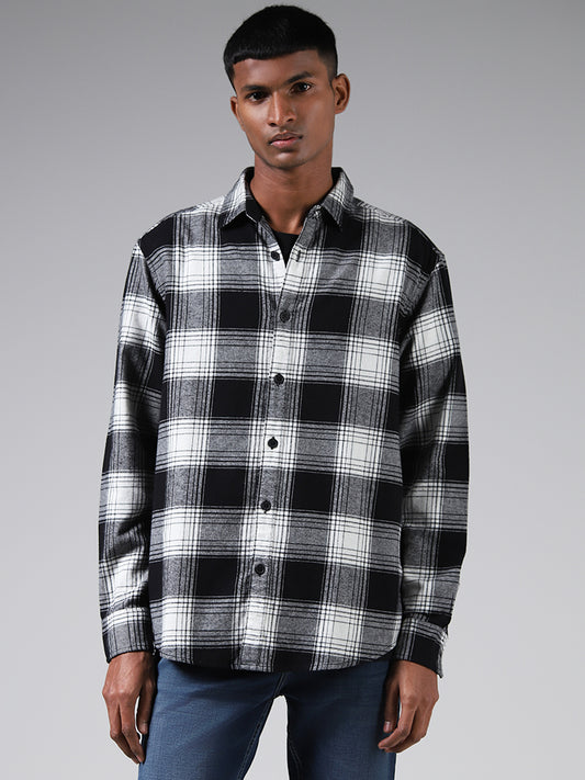 Nuon Black & White Monochromatic Checked Cotton Relaxed Fit Shirt