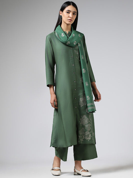 Zuba Olive Floral Printed Buttoned Down Kurta