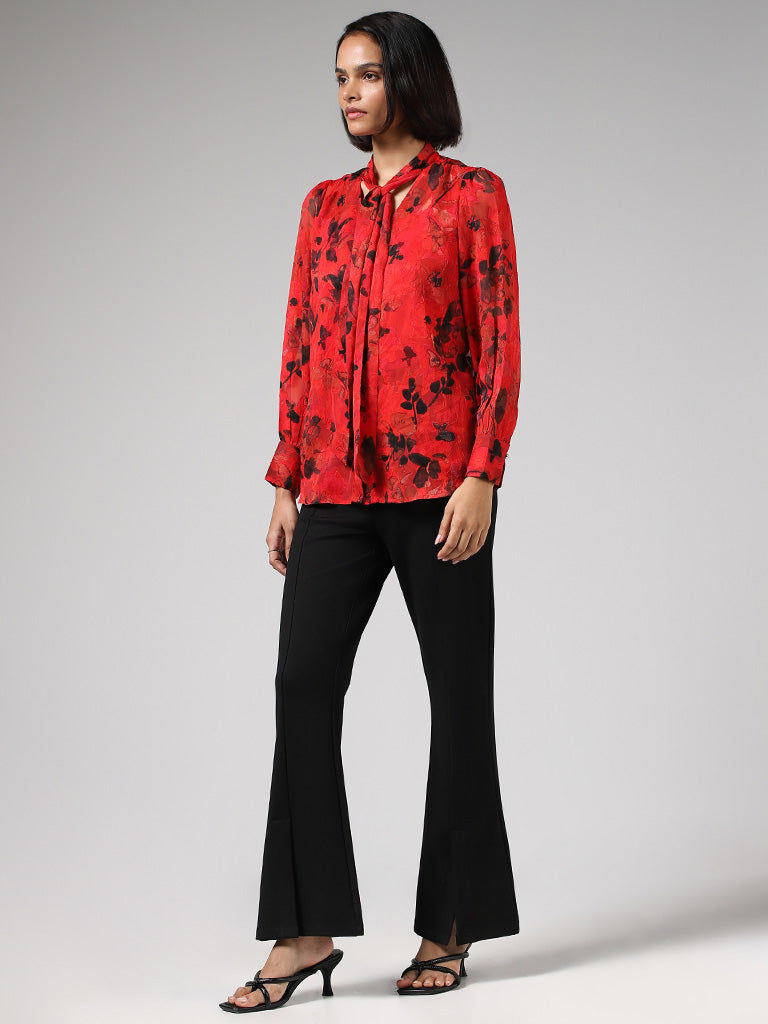 Wardrobe Floral Printed Red Top with Camisole & Neck Tie