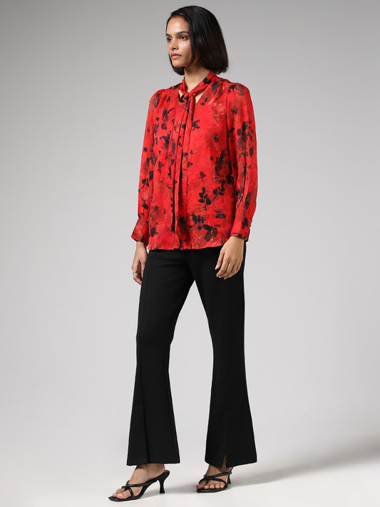 Wardrobe Floral Printed Red Top with Camisole & Neck Tie