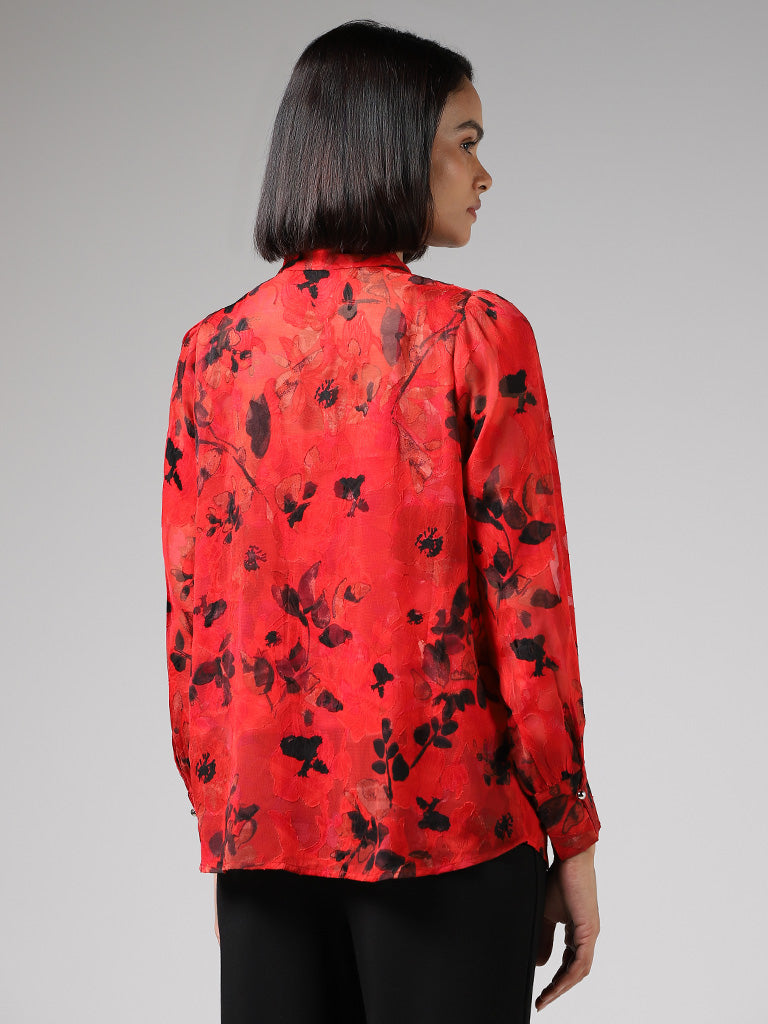 Wardrobe Floral Printed Red Top with Camisole & Neck Tie