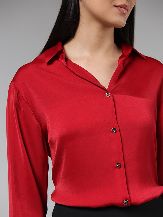 Wardrobe Solid Red Satin Shirt