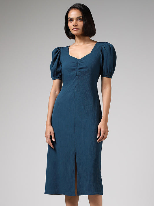 Wardrobe Solid Blue Slit Dress