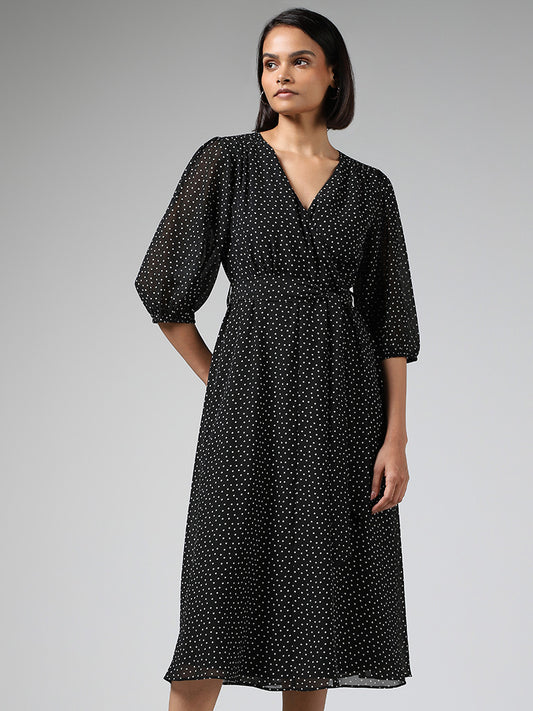 Wardrobe Black Polka Dot Printed Dress with Belt