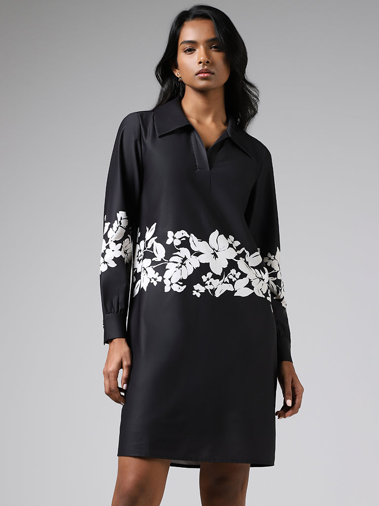 Wardrobe Black Floral Printed Satin Dress
