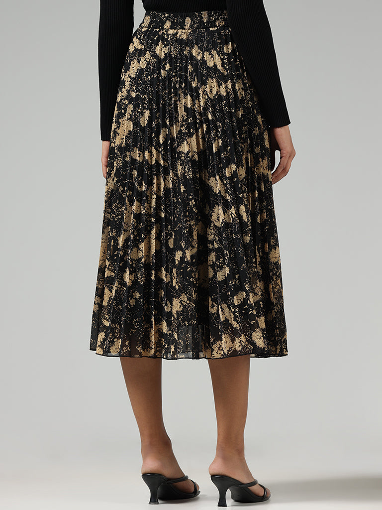 Wardrobe Black Floral Printed Pleated Midi Skirt