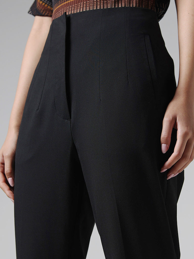 Buy Wardrobe Solid Black Tailored Trousers from Westside