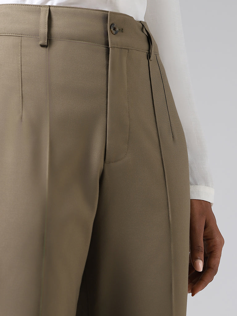 Wardrobe Solid Khaki Seam Detail Trousers