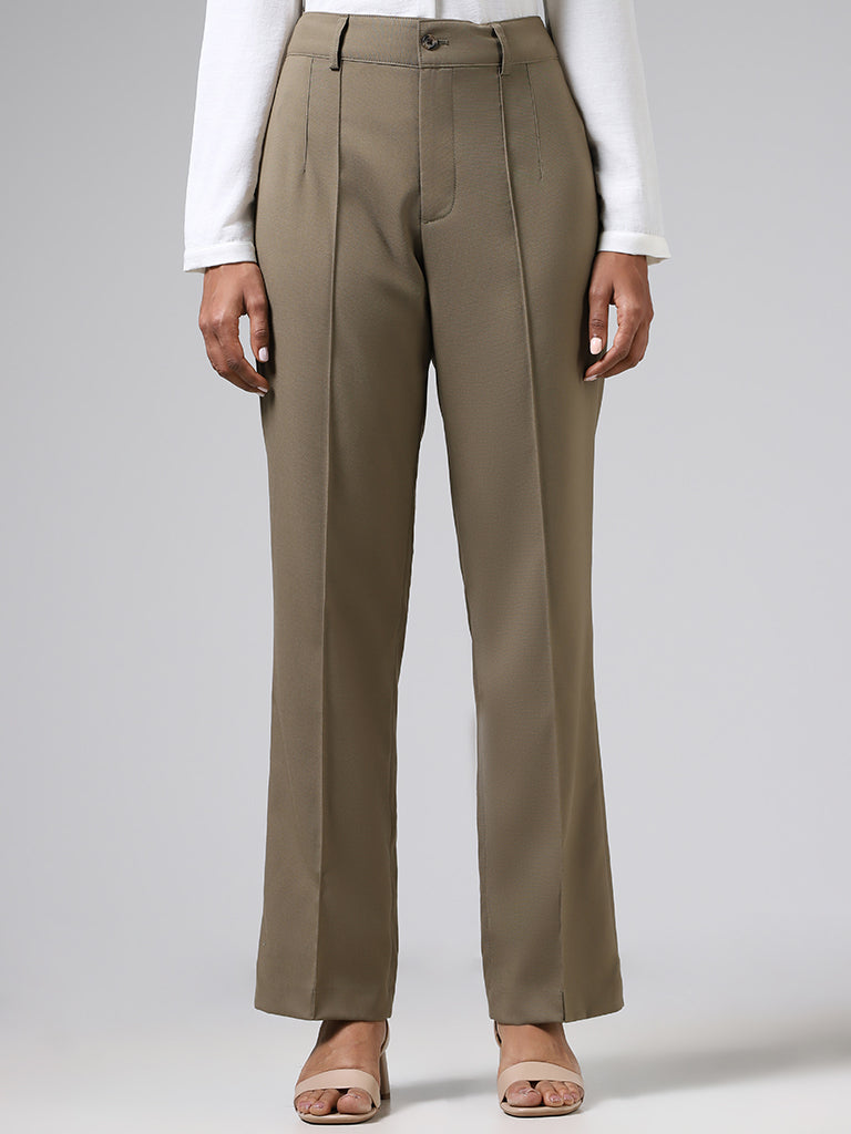 Wardrobe Solid Khaki Seam Detail Trousers