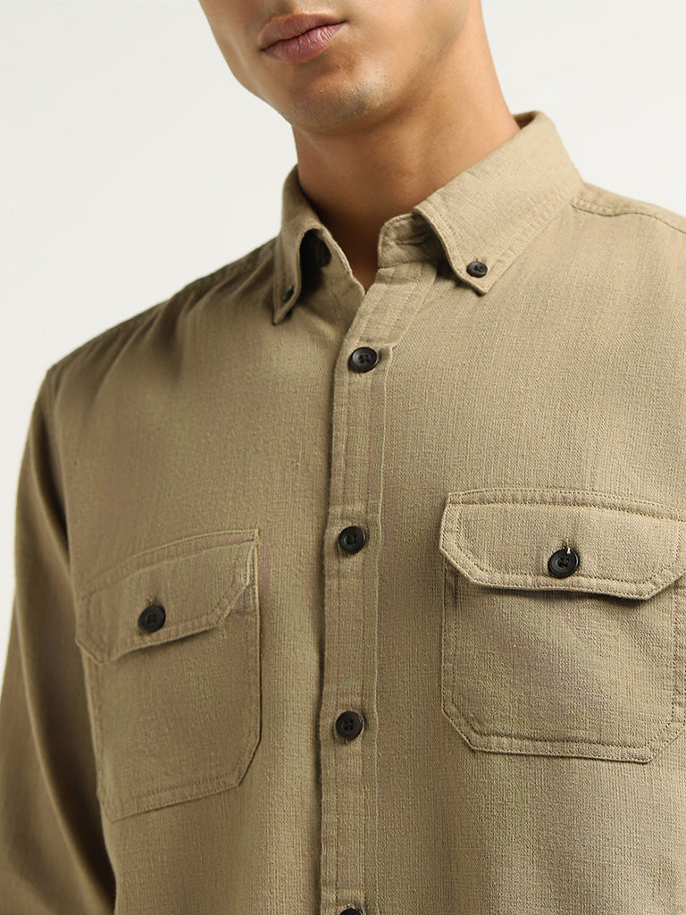 WES Casuals Khaki Relaxed Fit Blended Linen Shirt