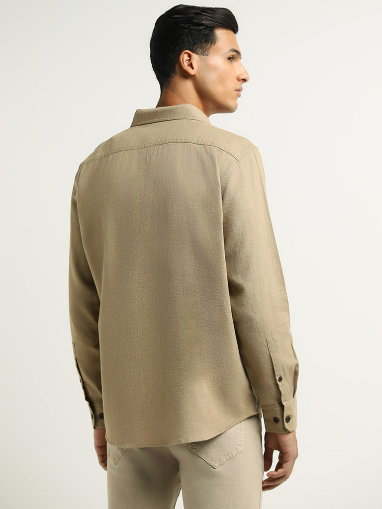 WES Casuals Khaki Relaxed Fit Blended Linen Shirt