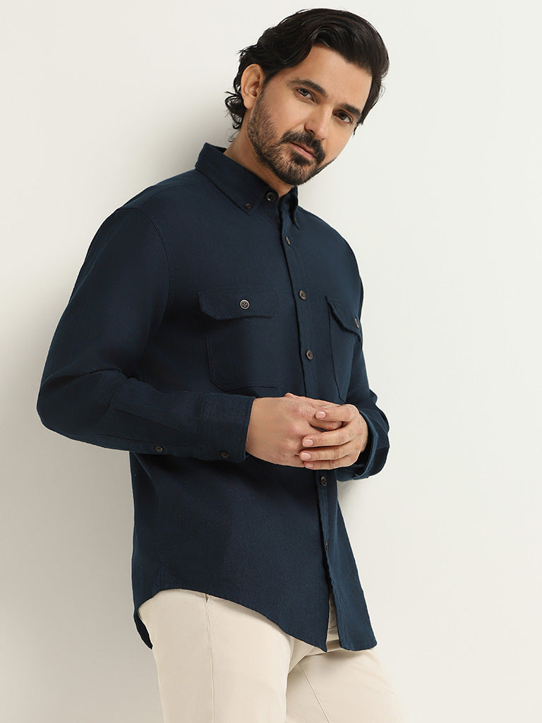 WES Casuals Navy Cotton Relaxed Fit Shirt