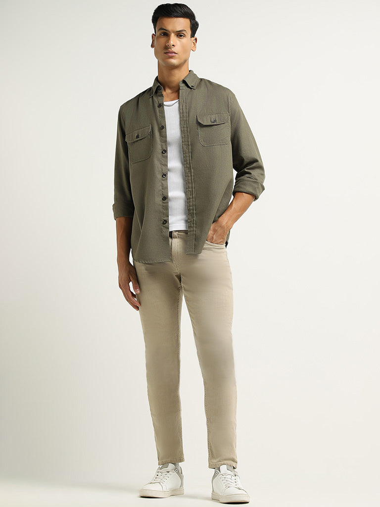 WES Casuals Olive Relaxed Fit Blended Linen Shirt