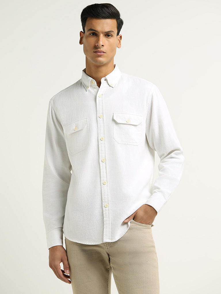 WES Casuals White Relaxed Fit Blended Linen Shirt