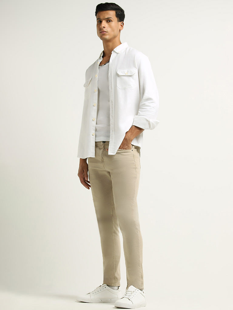 WES Casuals White Relaxed Fit Blended Linen Shirt