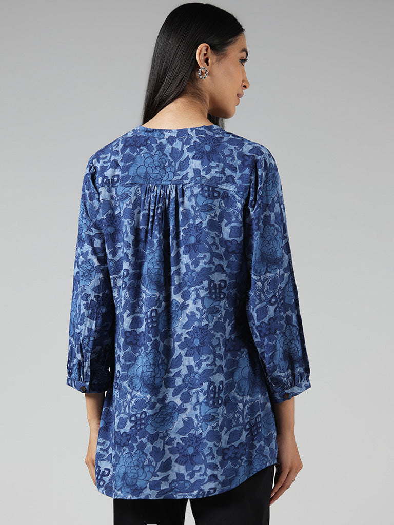 Buy Block Print Indigo Blue Anarkali style Embroidered Kurti at Amazon.in