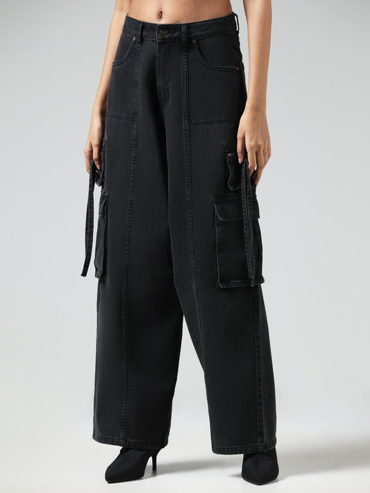 Nuon Solid Black High-Waisted Cargo Jeans