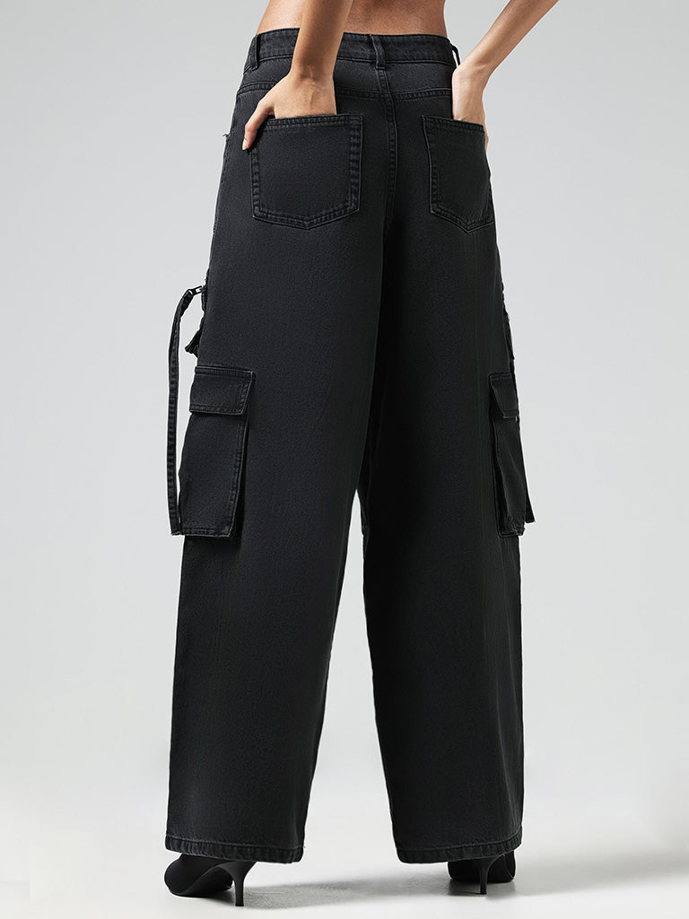 Nuon Solid Black High-Waisted Cargo Relaxed Fit Jeans