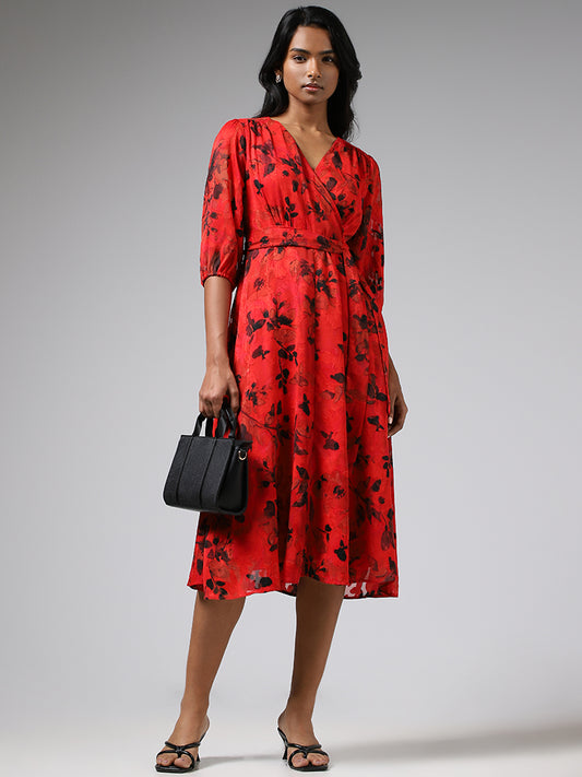Wardrobe Bright Red Floral Printed Dress with Belt
