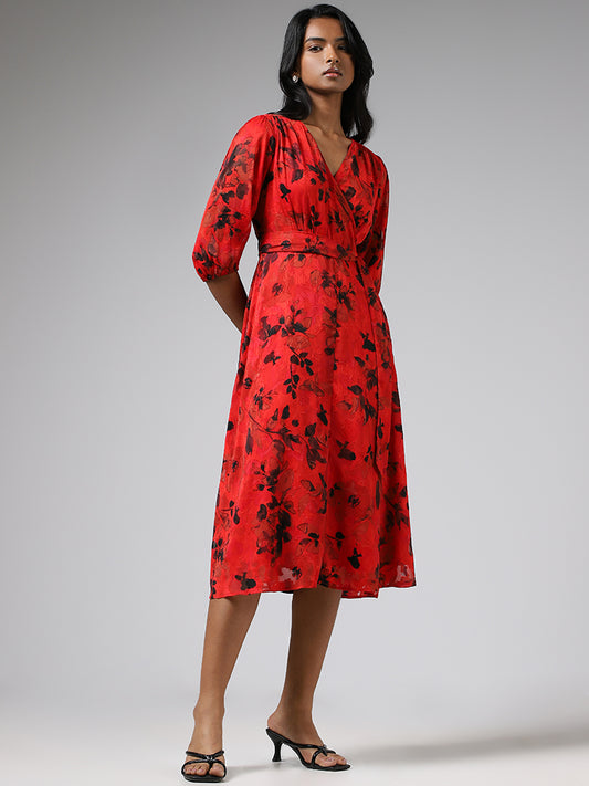 Wardrobe Bright Red Floral Printed Dress with Belt