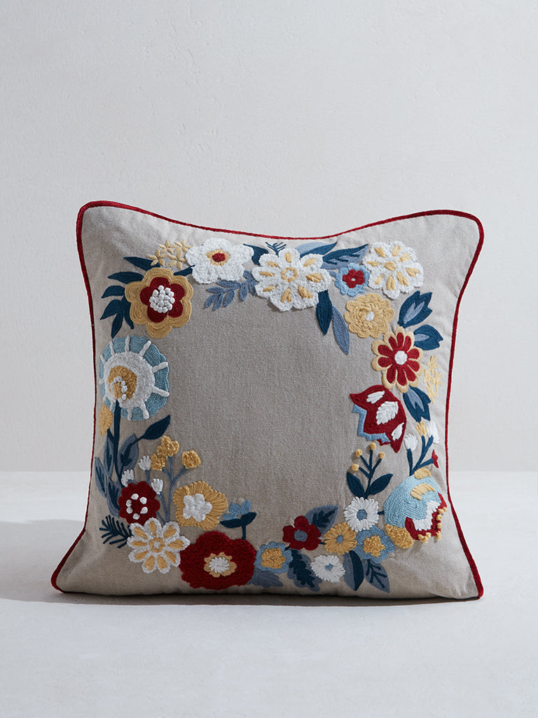 Westside Home Aqua Floral Wreath Embroidered Cushion Cover