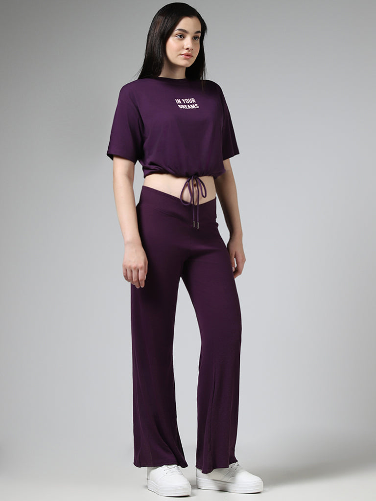 Superstar Dark Purple Crisscross Waist Wide-Leg Track Pants