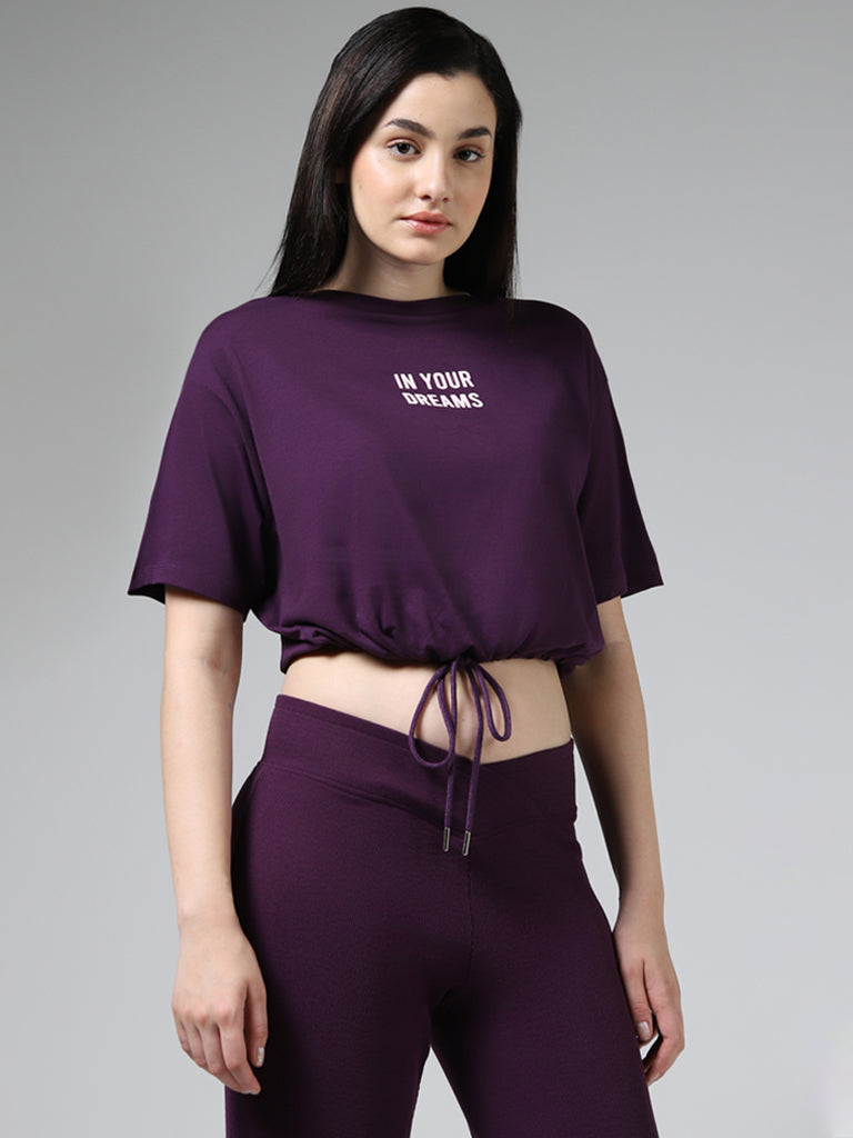 Superstar Dark Purple Typographic Printed Cotton Tie-Up Crop Top