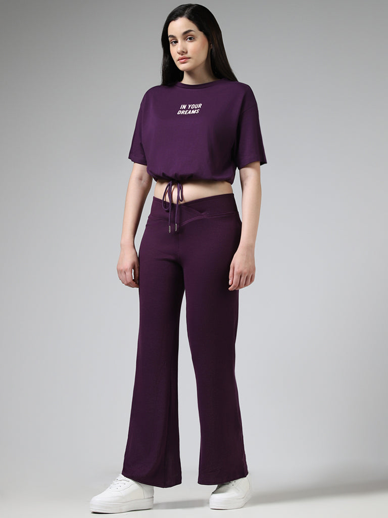 Superstar Dark Purple Typographic Printed Cotton Tie-Up Crop Top